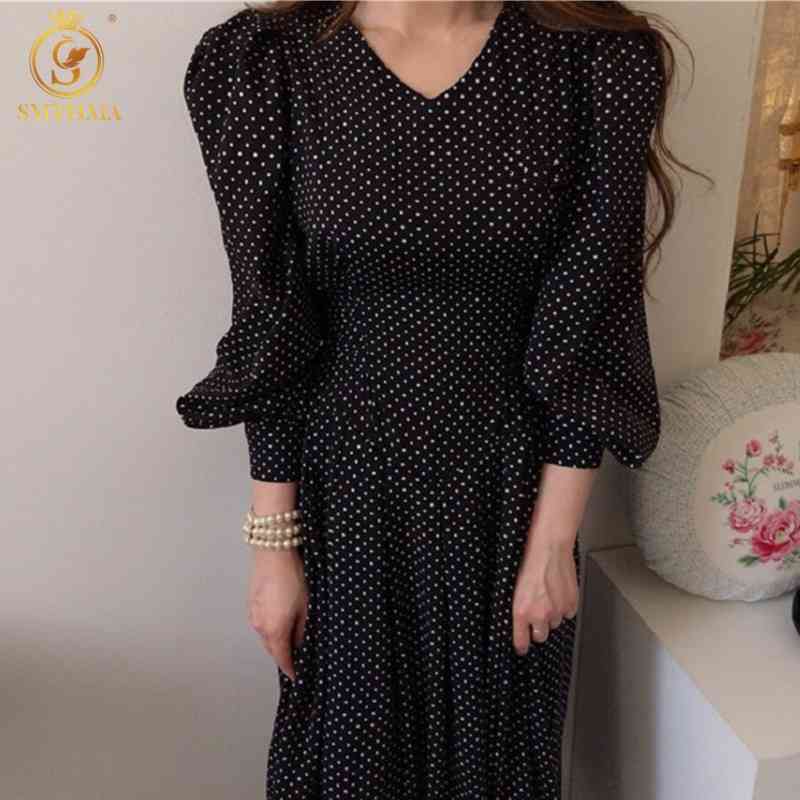 

Women's Korea Chic Vintage Elegant Lantern Sleeve Dress Ladies Slim Waist Lace-Up Dot Long Vestidos 210520, Photo color
