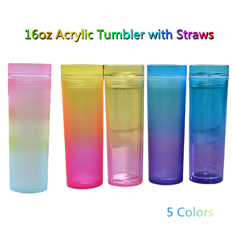 

16oz Gradient Acrylic Skinny Tumblers with Straw Lid 5 Ombre Colors Reusable Matte Colored Plastic Cups Double Walled Portable Water Bottles DIY Custom Logo