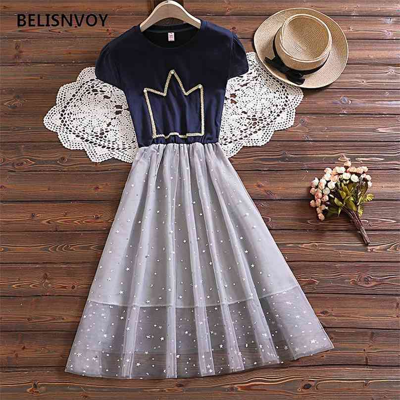 

Mori Girl Summer Women Dress Sweet Stars Moons Sequined Mesh Tulle Femininos Vestidos Short Sleeve Crown Kawaii Dresses 210520, Navy blue