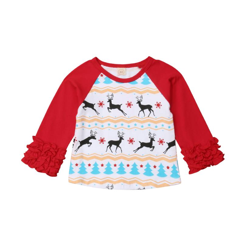 

T-shirts 6M-4Y Christmas Kid Baby Girls T Shirt Cartoon Deer Long Sleeve Ruffles Tops Girl Clothing, Blue