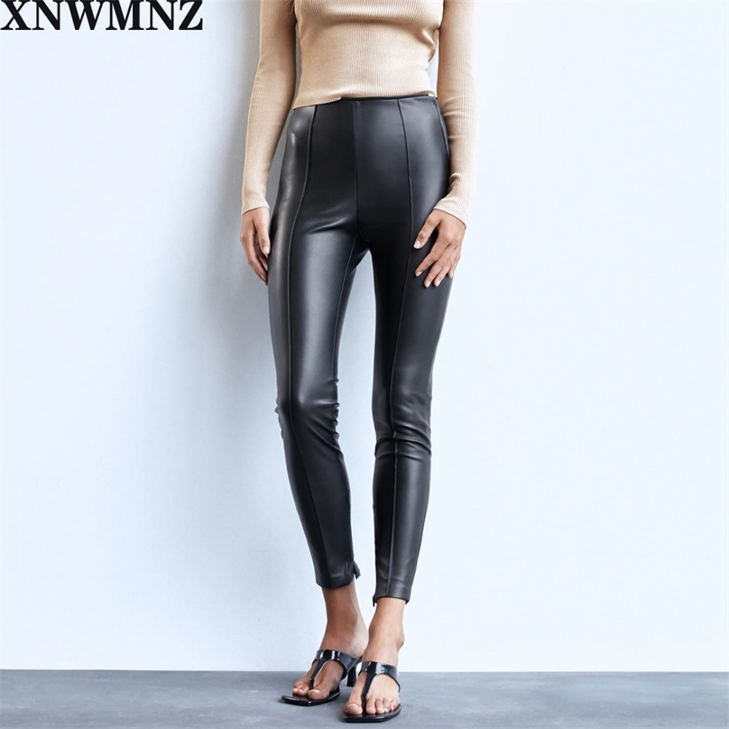 

Women black faux leather leggings sexy Female Chic Mid-waist side zip Seam detail invisible High quality 210520