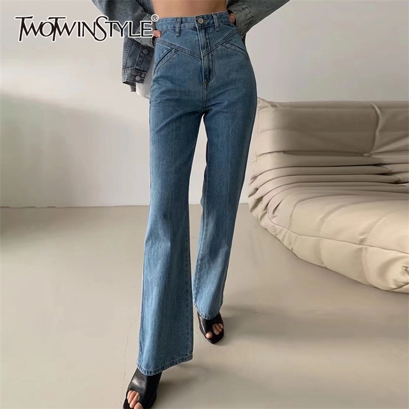 

Casual Solid Denim Pants For Women High Waist Patchwork Full Length Wide Leg Jeans Female Summer Fashion Style 210521, Blue