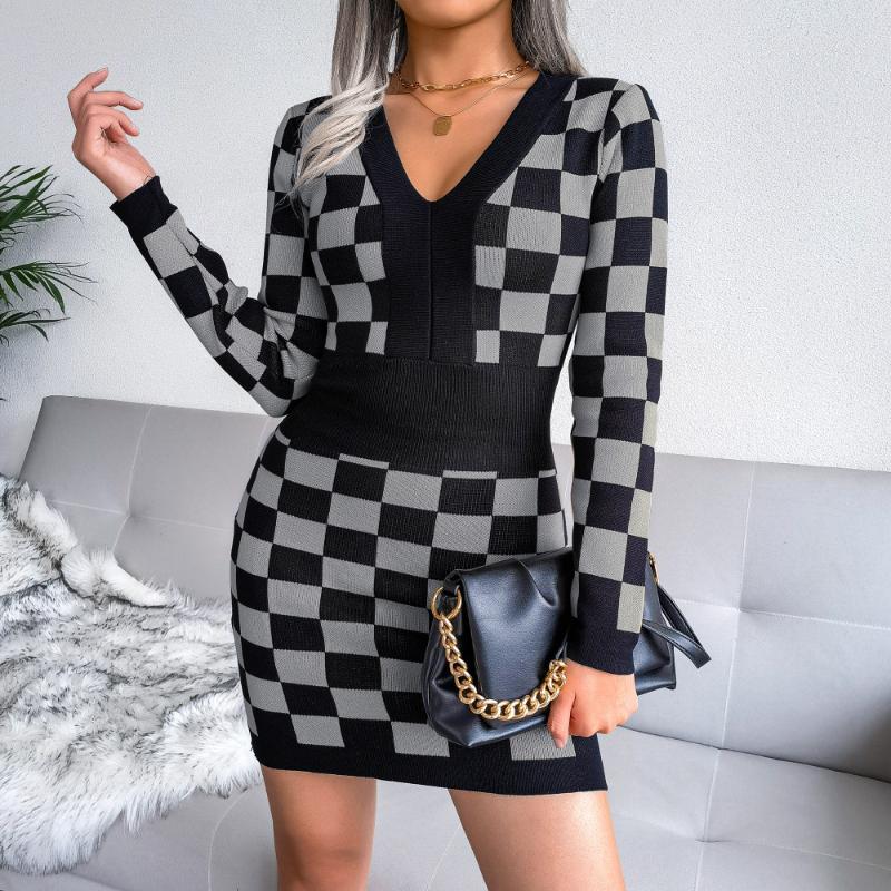 

Casual Dresses CYDNEE Women Sexy Dress Autumn Winter Striped Short V-neck Checkerboard Plaid Solid Skirt Bottoming Knit Mini, Black