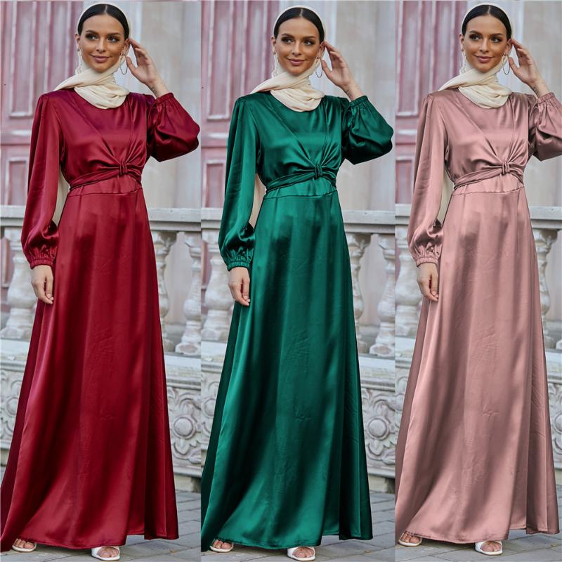 

Ethnic Clothing Muslim Fashion Women Long Kaftan Moroccan Islamic Skirt Musulmane Abaya Dubai Robe Femme Casual Turkish Waist Belted Satin