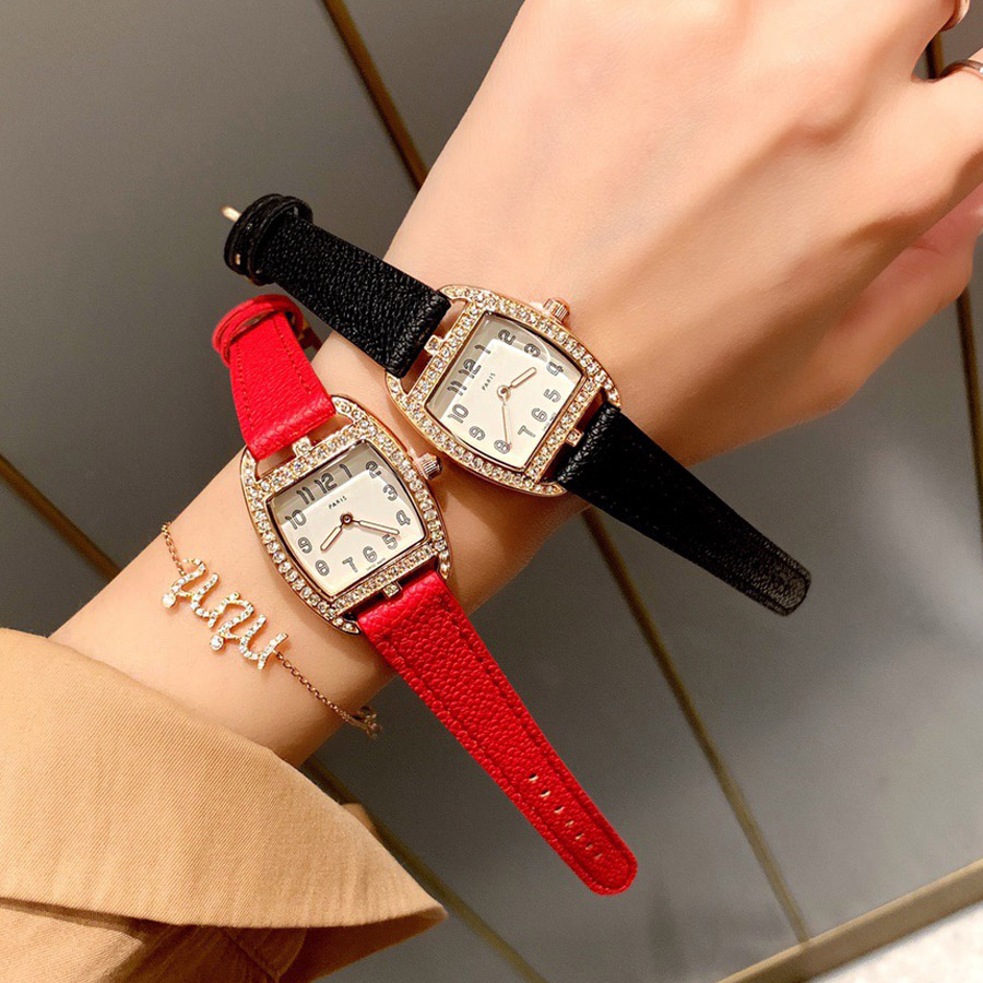 

Fashion Brand Watches for women girl crystal Tonneau style Leather strap quartz wrist watch H04, Black