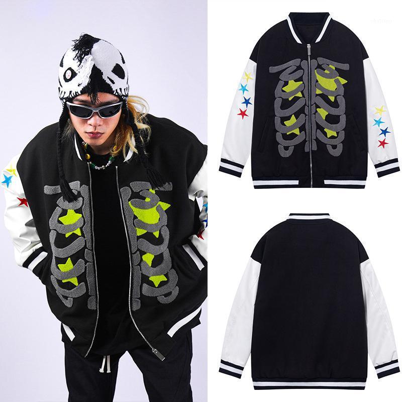 

Men' Jackets Hip Hop Jacket 2021 Bones Stars Embroidery Zipper Harajuku College Style Bomber Spring Men Baseball Coat, Black