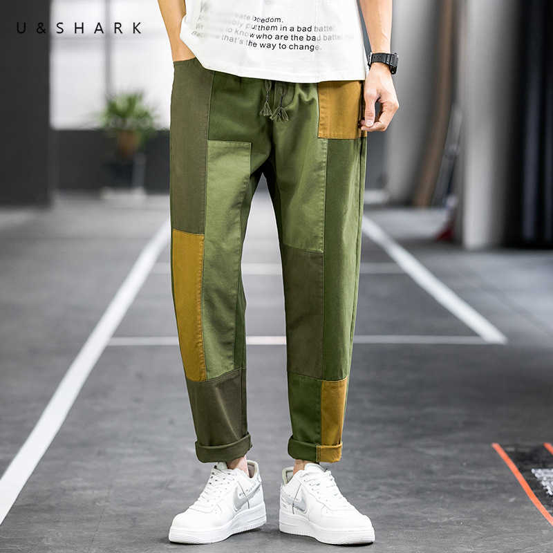 

U&SHARK Summer Fashion Street Style Pants Patch Design Streetwear Men Green Contrast Color Straight Pants Male Trousers 210603, Black