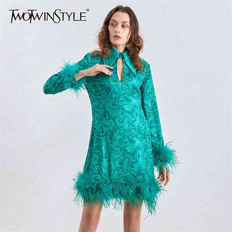 

Patchwork Feather Printed Dresses Female Lapel Collar Long Sleeve Tassel Mini Women Dress Fashion Clothing 210520, Green