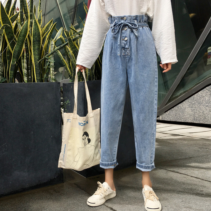 

jeans 2021 spring and autumn korean version large size fat mm bud high waist quarter women's loose bf slim straight pants, Blue
