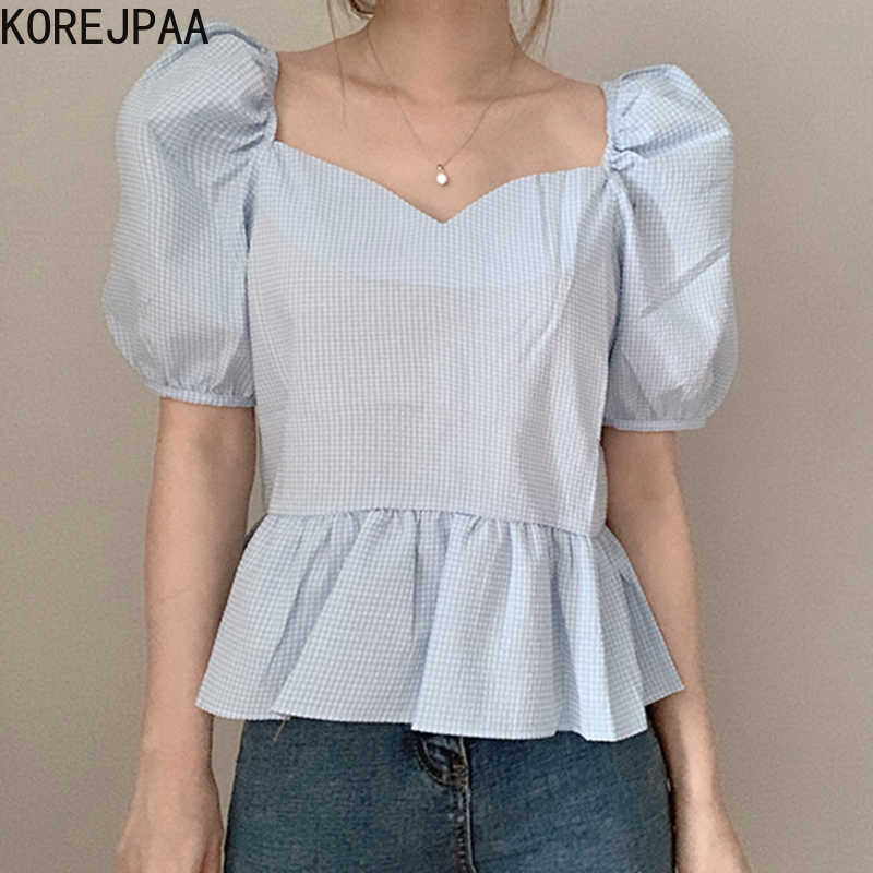 

Korejpaa Women Shirt Summer Korean Fashion Chic Blue Plaid Square Collar Loose Hem Ruffled Bubble Sleeve Blouse Top Female 210526, Black