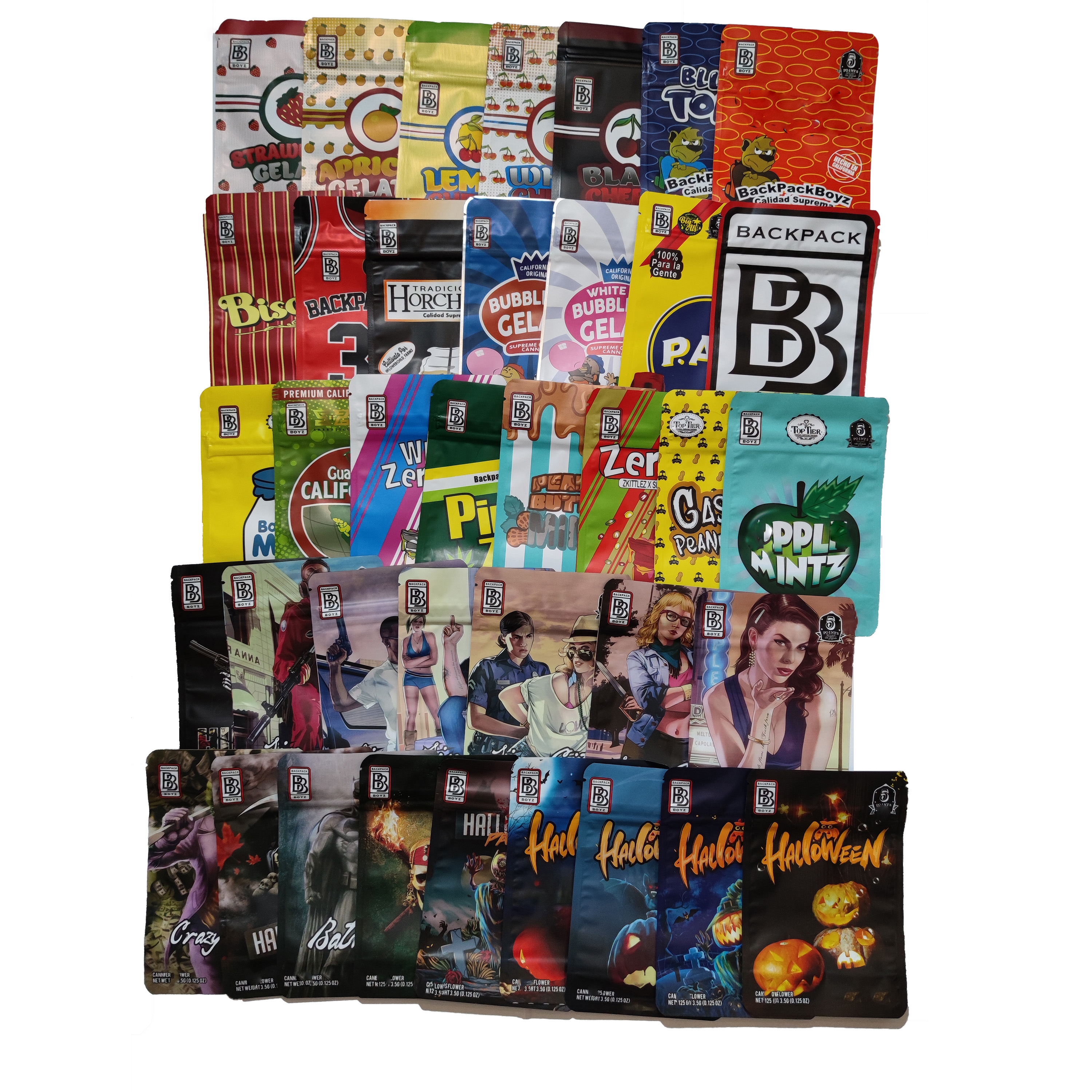 

Backpack boyz Backpackboyz 3.5g mylar bag Biscotti Blue cherry gelato Kool Lato Cake Mix Minit child proof lock smell bags with stickers