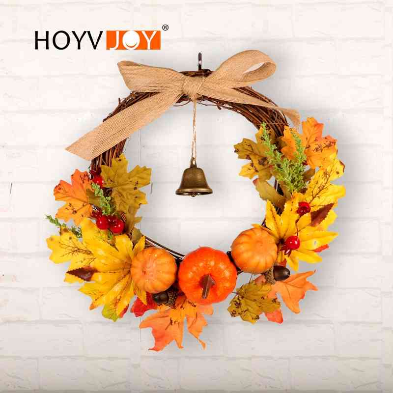 

Hongyu Thanksgiving autumn wreath harvest festival bell maple leaf pumpkin door hanging window decoration rattan ring