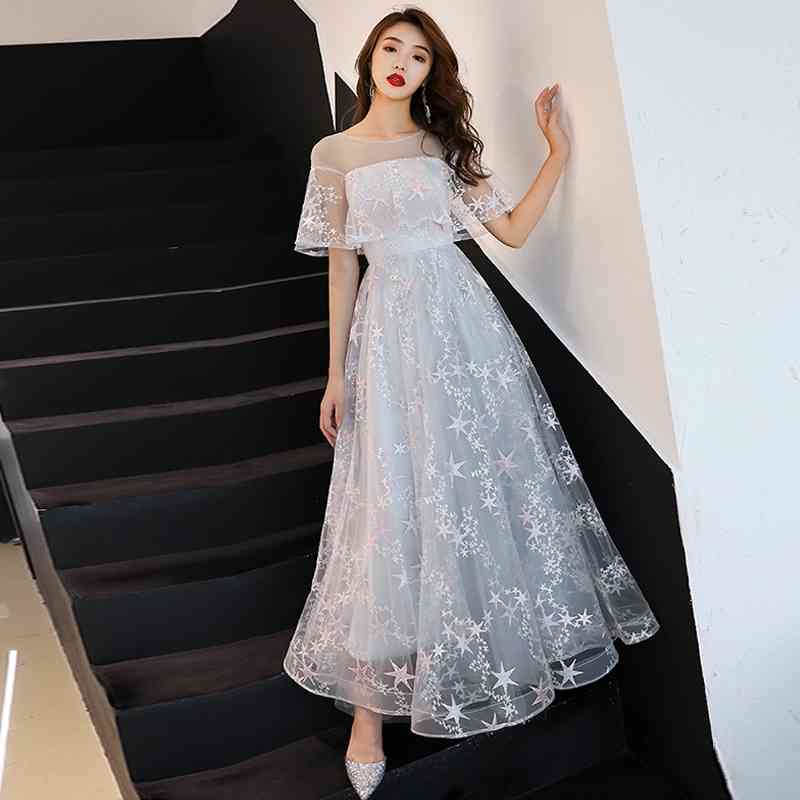 

Korean summer temperament mesh yarn star pattern dress Knee-Length Office Lady Sheath Solid 210603, White