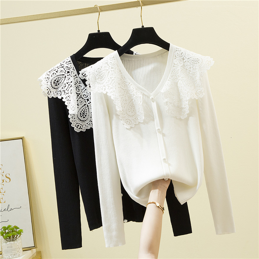 

Women's Sweaters White Turn-Down Collar Knitted Sweater Women Lace Patchwork Sweet Korean Style Autumn Long Sleeve Pullovers Tops, Black