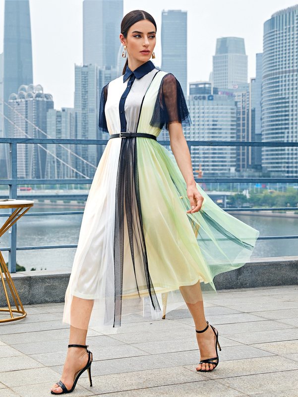 

Colorblock Mesh Shirt Dress With Belt SHE, Multicolor