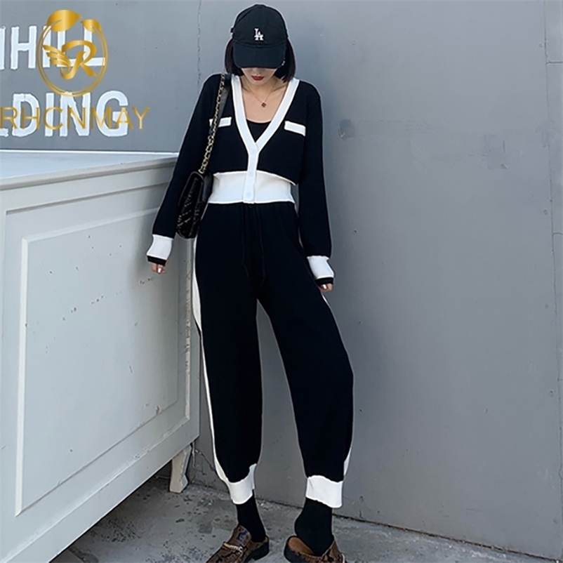 

Spring Autumn Korean Elegant Knitted 2 Piece Pants Suits Sets Women Patchwork stripe V-neck Tops + Fashion Casual Set 210520, Gray
