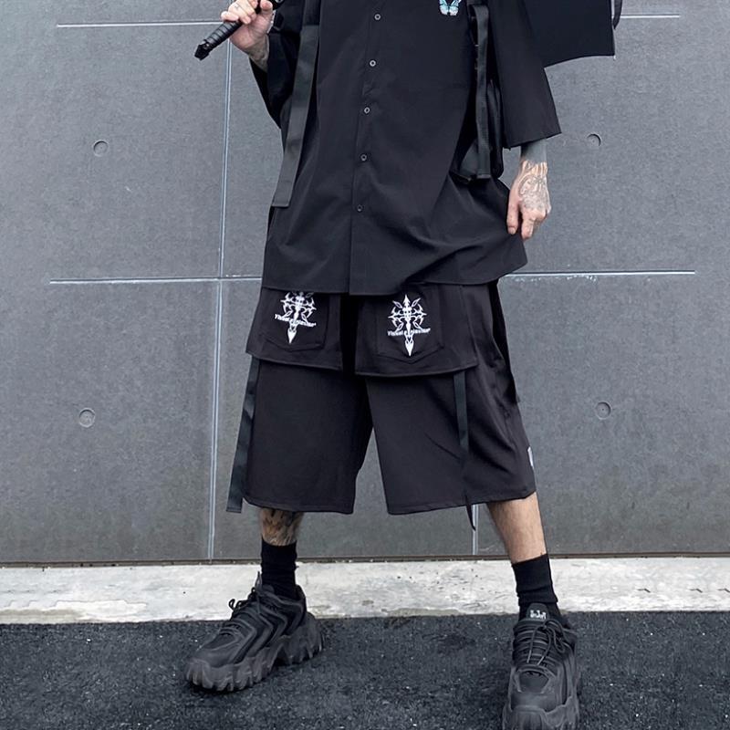 

Embroidery Oversize Cargo Short Mens High Street WIde Leg Solid Loose Casual Summer Knee Length Pants, Black