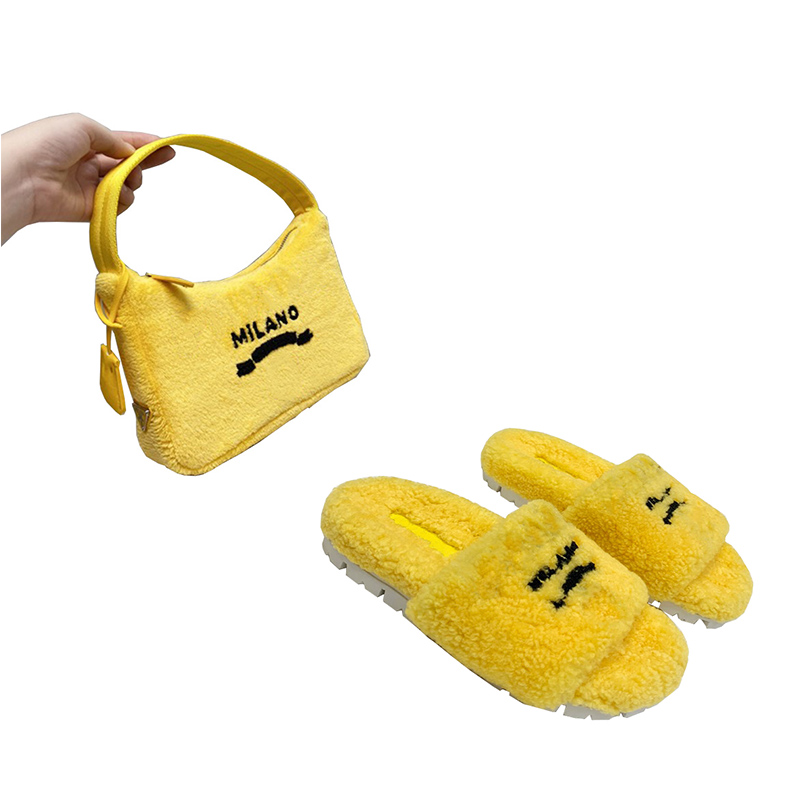

Wholesale Designers 2000 Shoulder Bag Women Faux Shearing Slippers Pink Slide Handbag Colorful Wallet Flat Fur Slides Fluffy Purse With Shoes To Match size 34-42