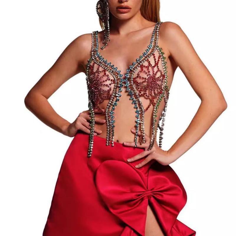 

Pendant Necklaces Bar Night Banquet Personality Sexy Super Flash Mixed Color Tassel Rhinestone Net Bra Body Chain
