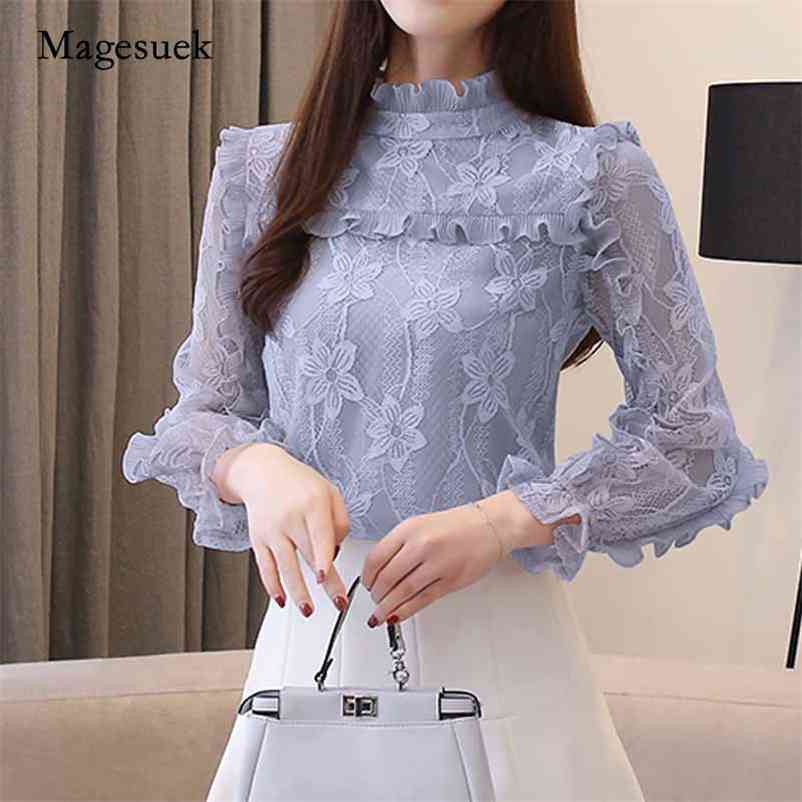 

Ruffled Floral Stand Women Tops Regular Butterfly Sleeve Ladies Autumn Slim Lace Long Shirts 5717 210518, Blue
