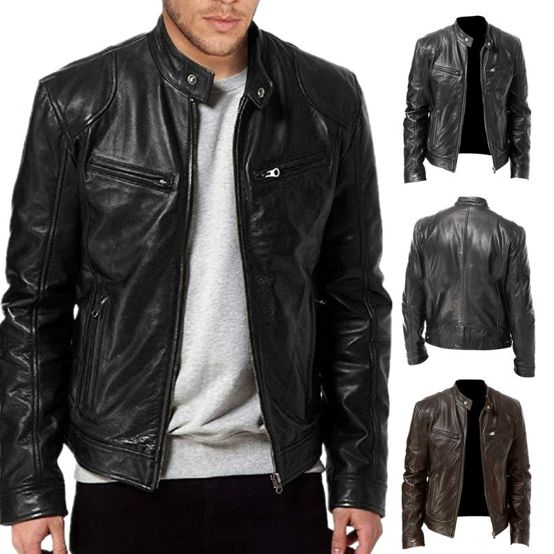 

Classic Mens Fashion Leather Jacket Slim Fit Stand Collar PU Jacket Male Anti-wind Motorcycle Lapel Diagonal Zipper Jackets, Black