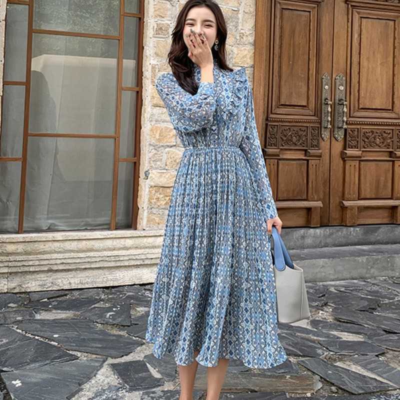 

Spring Elegant Stand Collar Ruffle Women Dress Full Sleeve Elastic Waist Female Chiffon Midi Pleated Vestidos femme 210526, Photo color