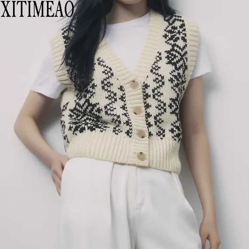 

Za Women Fashion Knitted Cardigan Vest Sweater V-neck Sleeveless Printing Loose Female Waistcoat Chic Tops XITIMEAO 210602, As picture