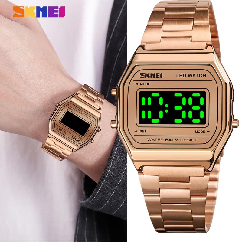 

Wristwatches SKMEI Electronic LED Light Men Watch Digital Waterproof Stainless Steel Strap Clock Fashion Luxury WristWatch Relogio Feminino, Slivery;brown