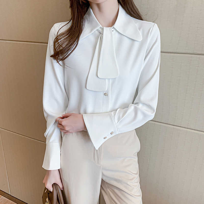 

Korean Women' Shirt Chiffon Blouses for Long Sleeve Female Top Woman White Strap Blouse Basic 210604