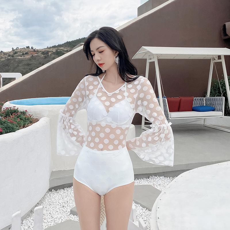 

Women's Swimwear 2021 Japan South Korea One Piece Long Sleeve Polka Dot Swimsuit Women Black White Colors Young Girl Spring