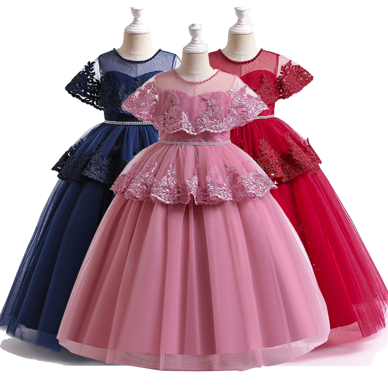 

Teenage Girls Piano Perform Dress Summer Children's Clothing Party Elegant Princess Long Tulle Baby Girl Kids Lace Wedding Ceremony Dresses, Blue