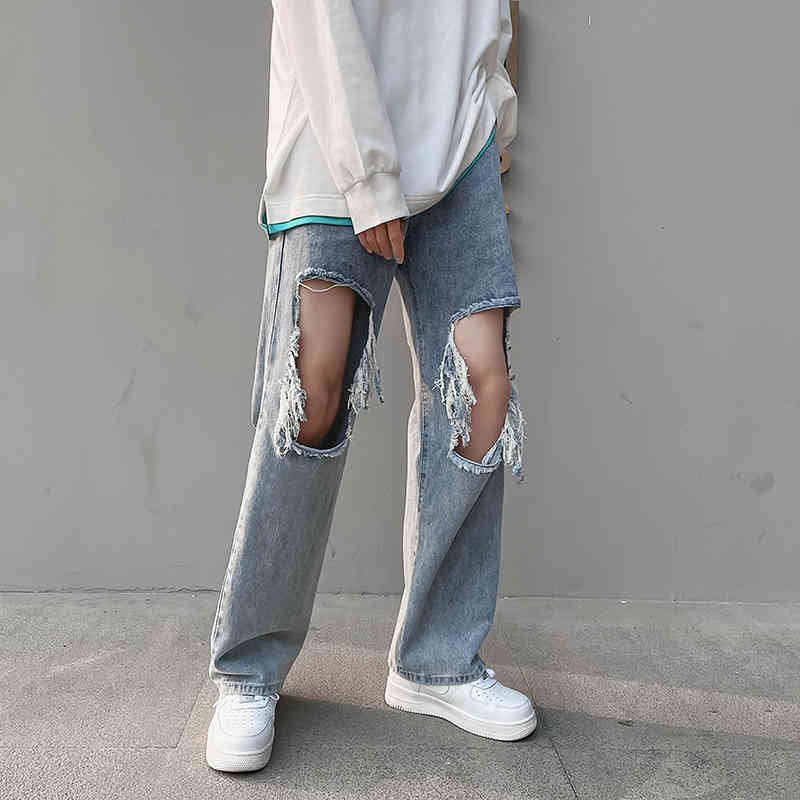 

men's jeans alta rua jeans para homens luz azul reta desgastado rasgado buraco dos fino verÃ£o casual denim calÃ§as baggy hip hop hl, Blue