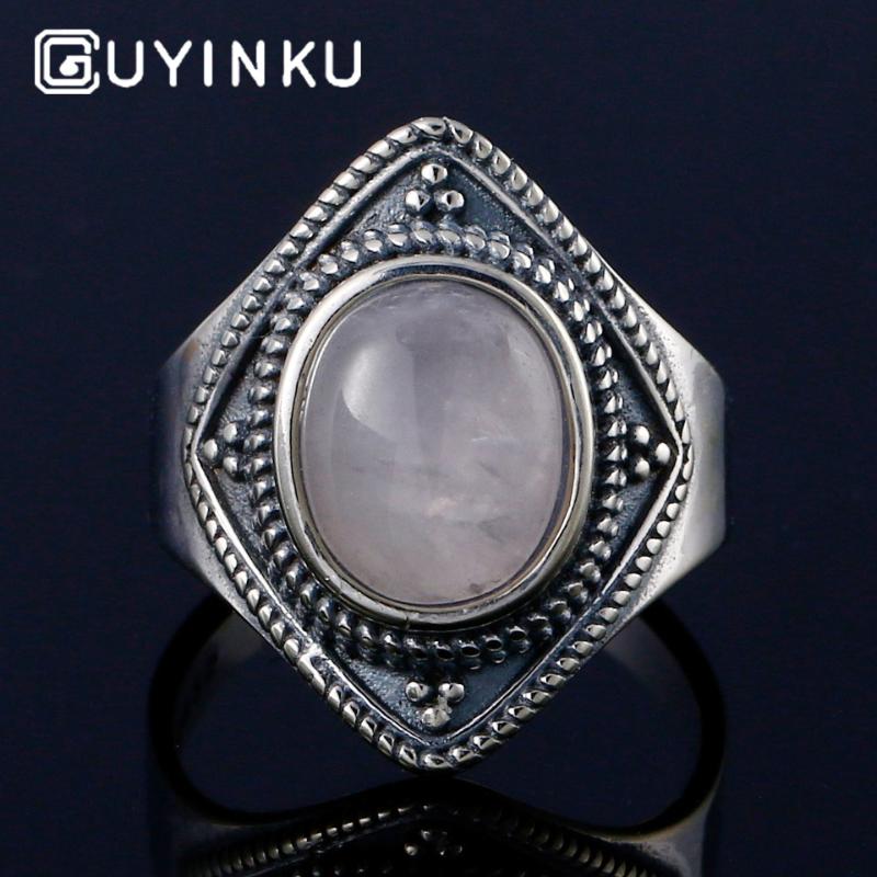 

Cluster Rings GUYINKU Oval Natural Moonstone Ring Elegant Vintage 925 Sterling Silver Jewelry Thai For Women Party Gift Fine, Golden;silver