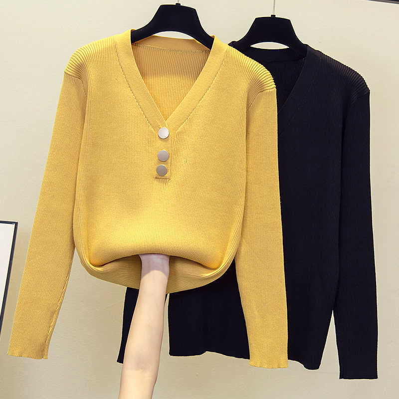 

Button V Neck Sweater Women Knitted Pullover Spring Autumn Basic loose Lady Sweaters Knit Jumper Korean Chic Tops 210604, Black