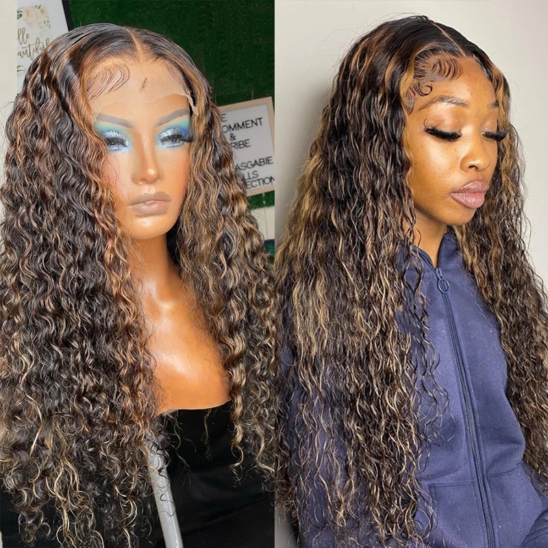 

Curly 13x4 Lace Front Human Hair Wig Brazilian Remy Highlight 360Lace Frontal Wigss For Women Glueless Closure Wigs 180% full lacewigs bleached knots hairline, As picture color