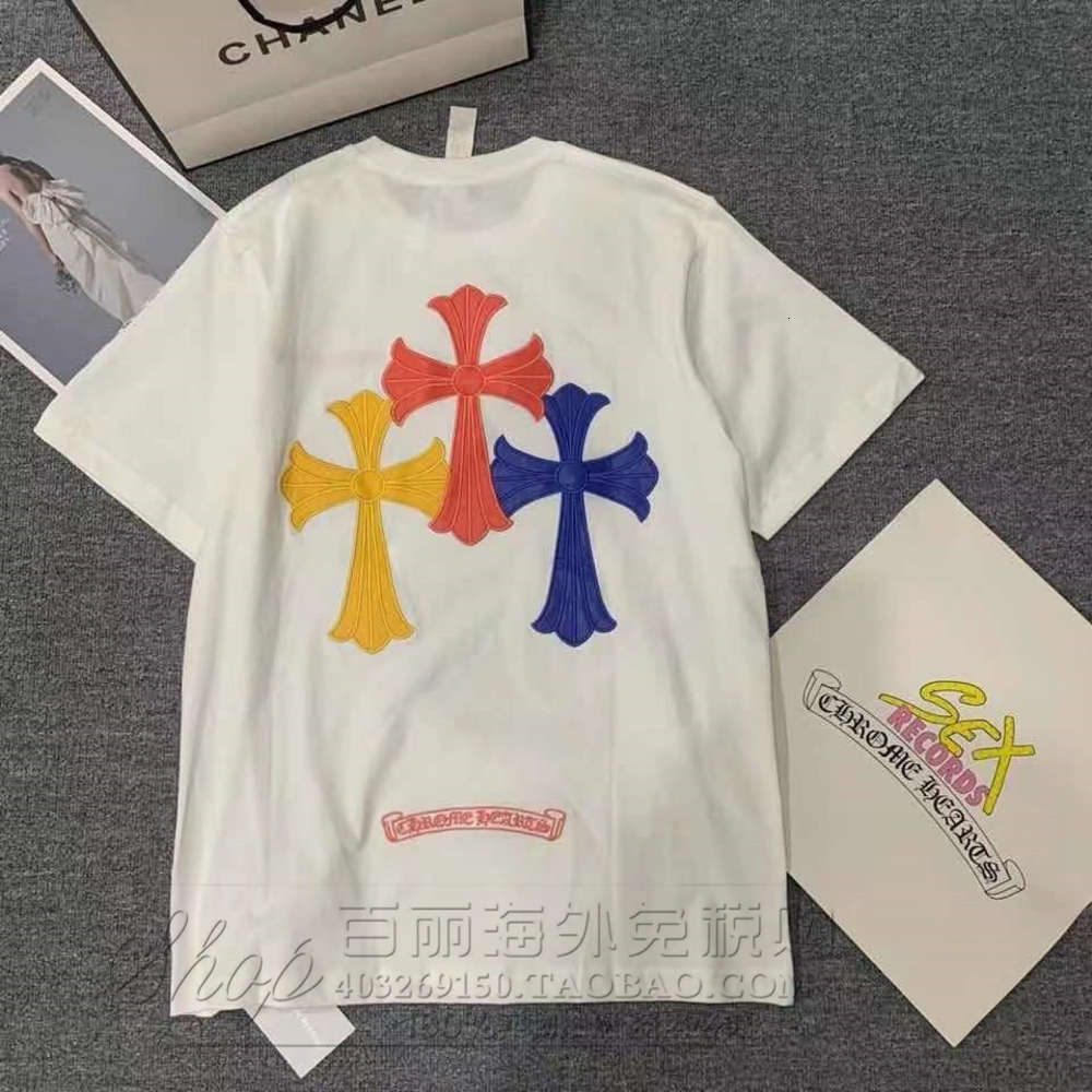 

Dimensional Cross Chrome Leather Hearts Three Short Sleeve Tshirt for Men and Women, White;black