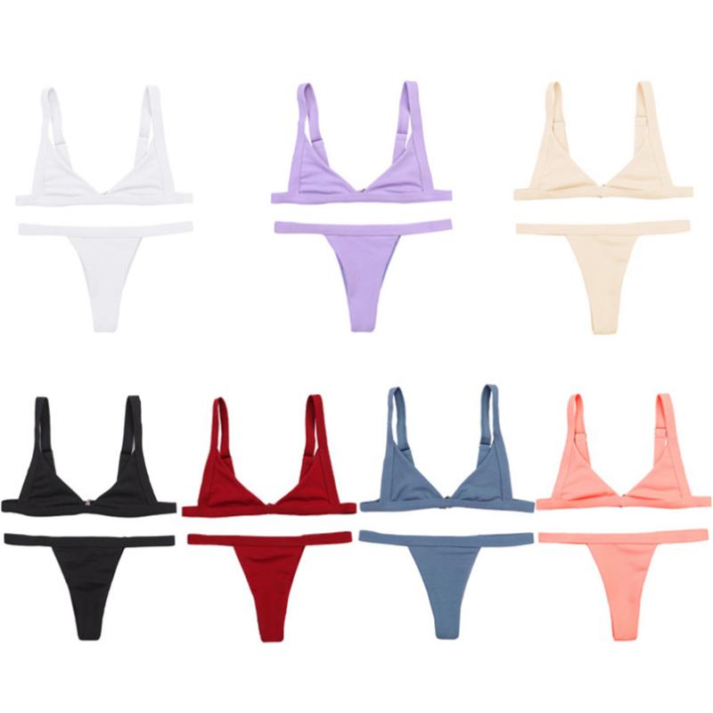 

Women' Swimwear Sexy Female Swimsuit Solid Bikinis Set Low Waist Fashion No Bra Elastic Stretchy Bathing Suit Women Wire Free, Black