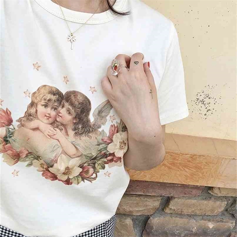 

Women Retro Style Cherubs Kissing T-Shirt Cute Aesthetic White Tee 90s Ulzzang Fashion Top 210512