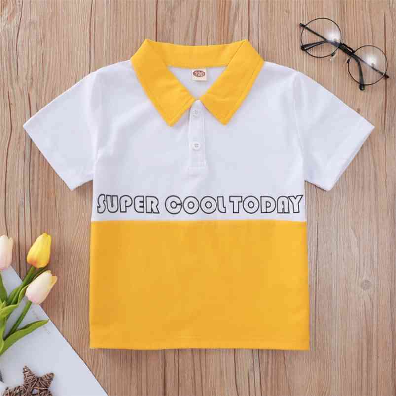 

Summer Children Casual Cotton Short Sleeve Turn-down Collar Single Breasted Patchwork Letter Baby Girl Or Boys T-shirt 1-8T 210629, Yellow