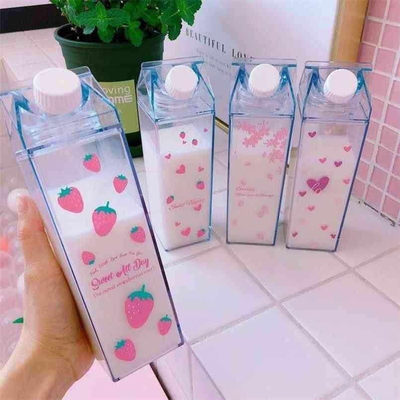 Creative Cute Plastic Clear Milk Carton Water Bottle Fashion Strawberry Transparent Box Juice Cup for Girls A Free 210908-image-728483403