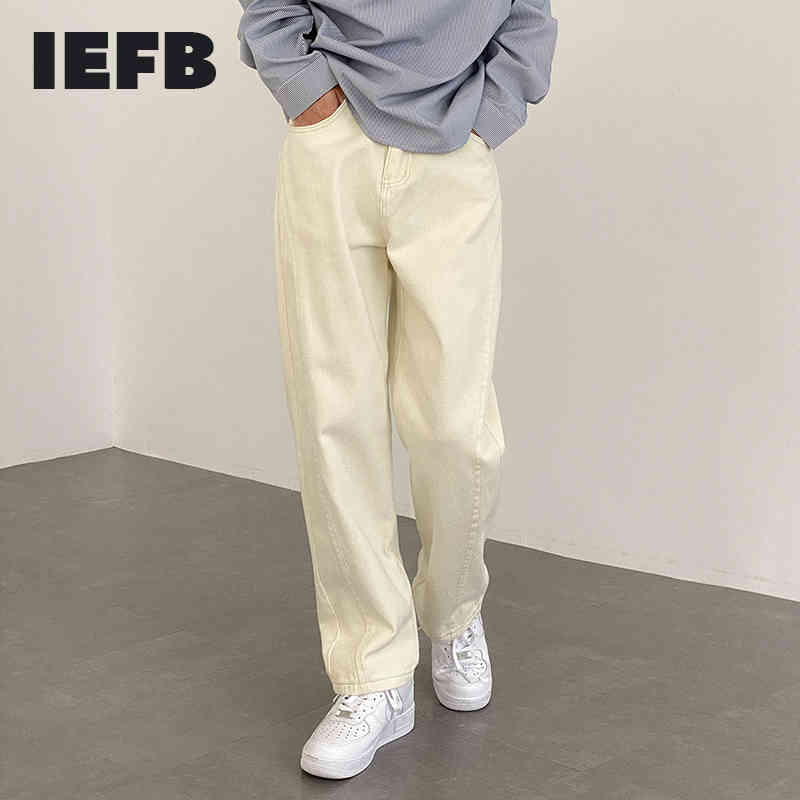 

IEFB Handsome Blue Jeans Men's Straight White Casual Denim Ankle Length Pants Loose Korean Trendy Straight Trousers 9Y6969 210524