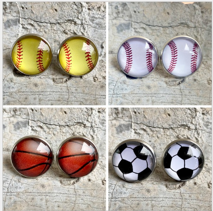 

Sports Ball Cabochon Ear Studs Fashion Glass Silver Plated Fashionable Style Earrings Jewelry Gifts For Girls & Ladies