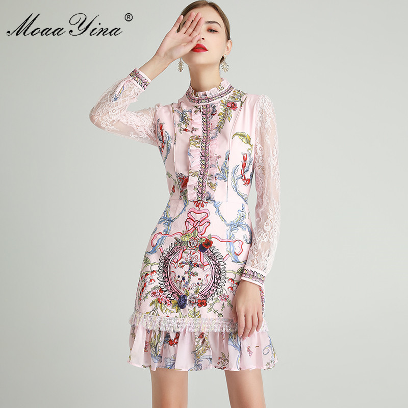 

Fashion Designer dress Spring Women's Dress Lace Flare Sleeve Ruffles Tassel Floral-Print Slim Dresses 210524, Pink