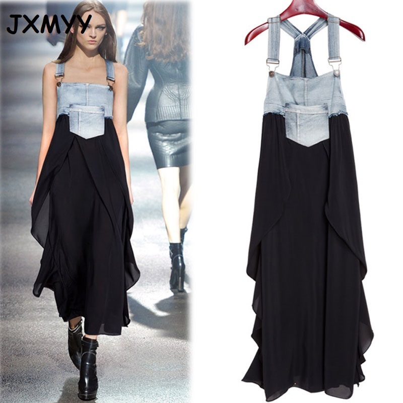 

Summer Fashion New Women's Large Size Loose Fashion Denim Stitching Chiffon Strap Skirt Thin Dress Trendy JXMYY -3XL 210412, The picture color