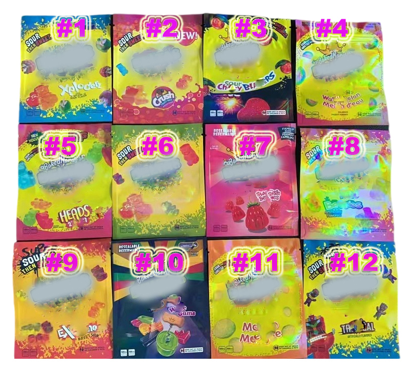 

12 types 600mg sour gummmies candy edibles packaging bags empty sours tropical watermelon smell proof resealable zipper packages gummy mylar package bag newest