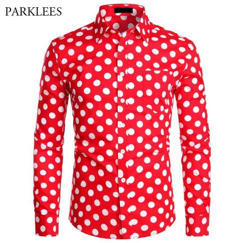 

Red Mens Polka Dot Shirt Casual Button Up Dress Shirts Men Chemise Homme Party Club Male Shirts Garden Point Camisas Masculina 210708, White