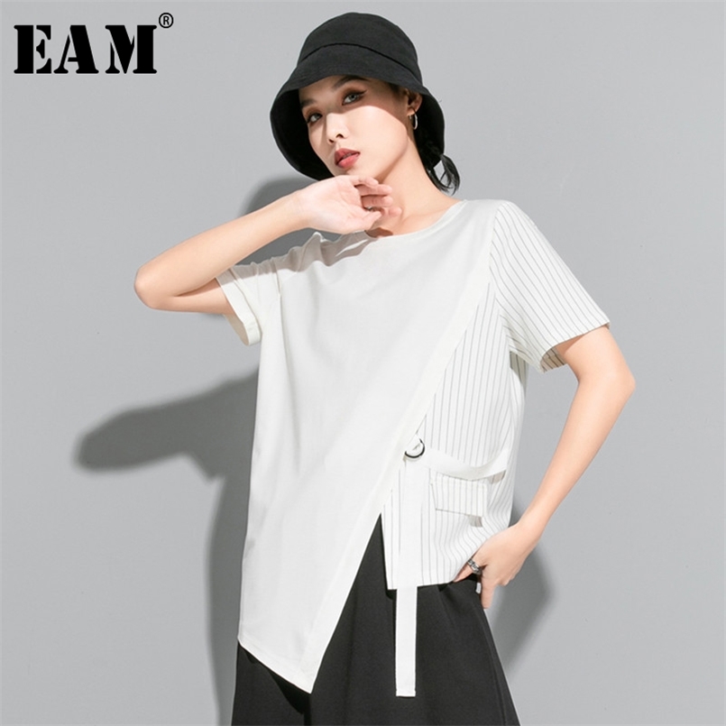 

[EAM] Women White Striped Irregular Split Joint T-shirt Round Neck Short Sleeve Fashion Spring Summer 1U629 210708