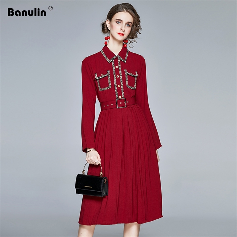 

Banulin Autumn Runway Long Sleeve Pleated Midi Dress Lady Work Bottons up Party Dresses Black Red Christmas Winter 210603