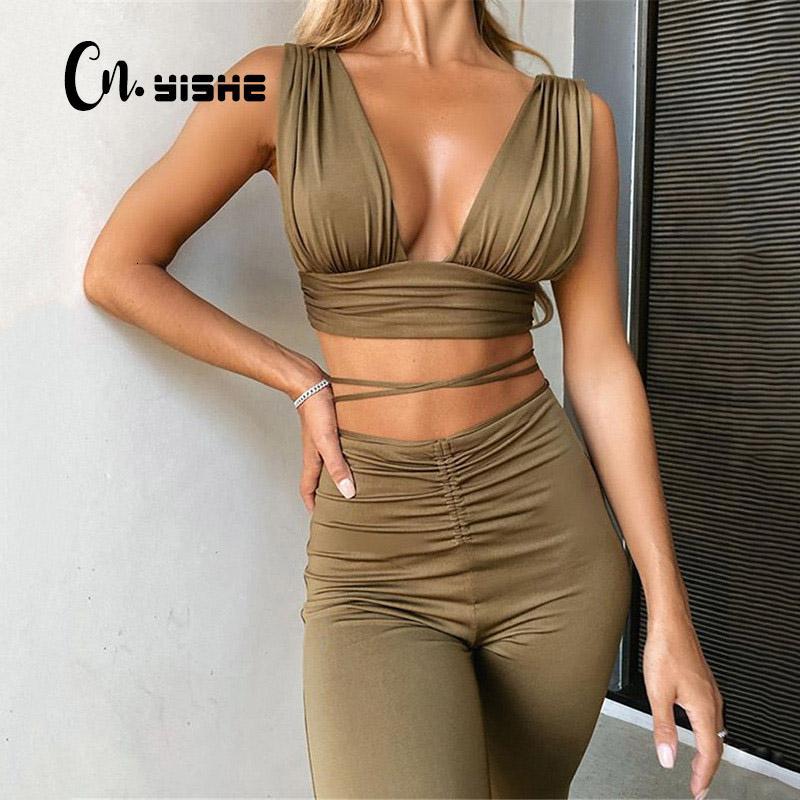 

Women' Tracksuits CNYISHE Sexy Dancing Two Piece Sets V-Neck Tanks and Drawstring Wide Leg Pants Women Tracksuit 2021 Bandage Ba, Black