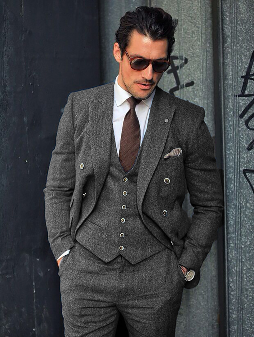 

Men Suit Casual Wool Slim Fit Double Breasted 2 Piece Business Tuxedos for Wedding (Blazer+Pants), Black